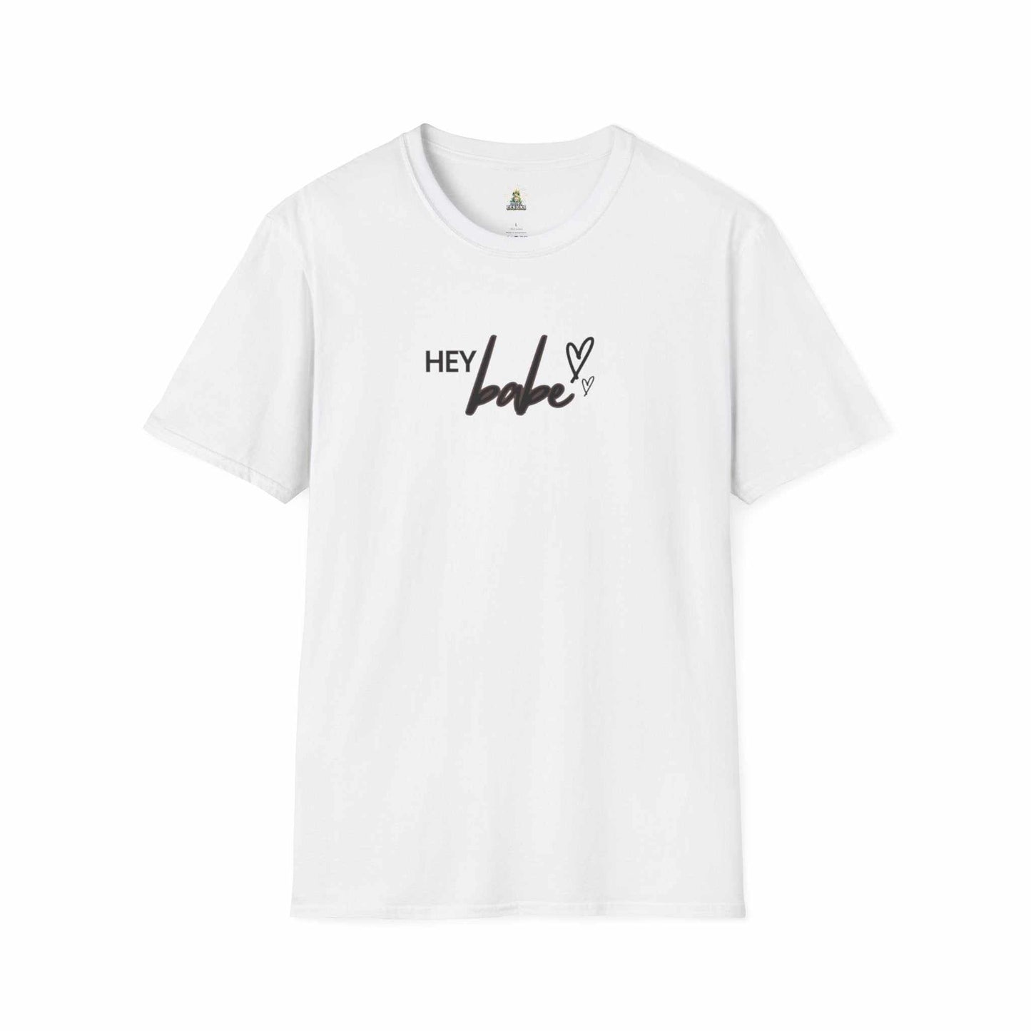 White t-shirt with "Hey Babe" text and heart design in black lettering