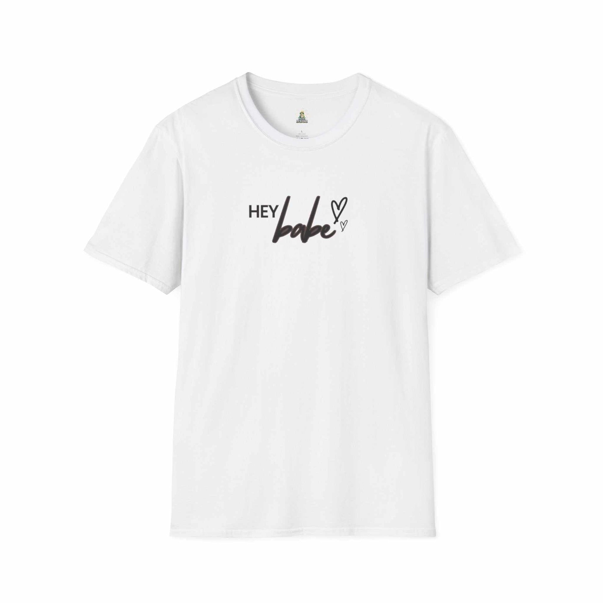 White t-shirt with "Hey Babe" text and heart design in black lettering