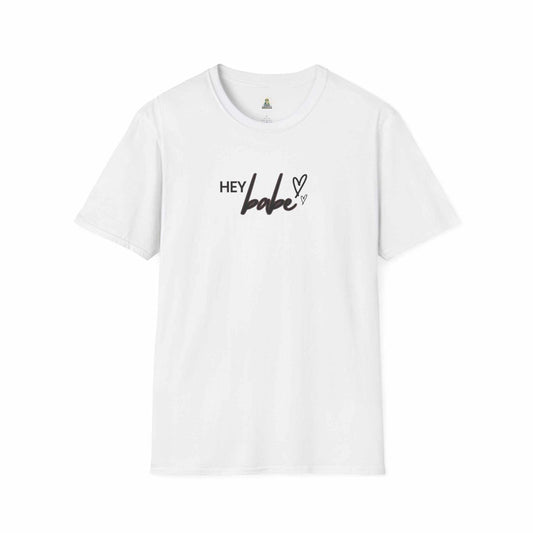 White t-shirt with "Hey Babe" text and heart design in black lettering