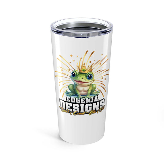 20oz Eugenia Designs Frog King travel tumbler with colorful frog and crown graphic, double wall stainless steel, keeps drinks hot or cold, dishwasher safe