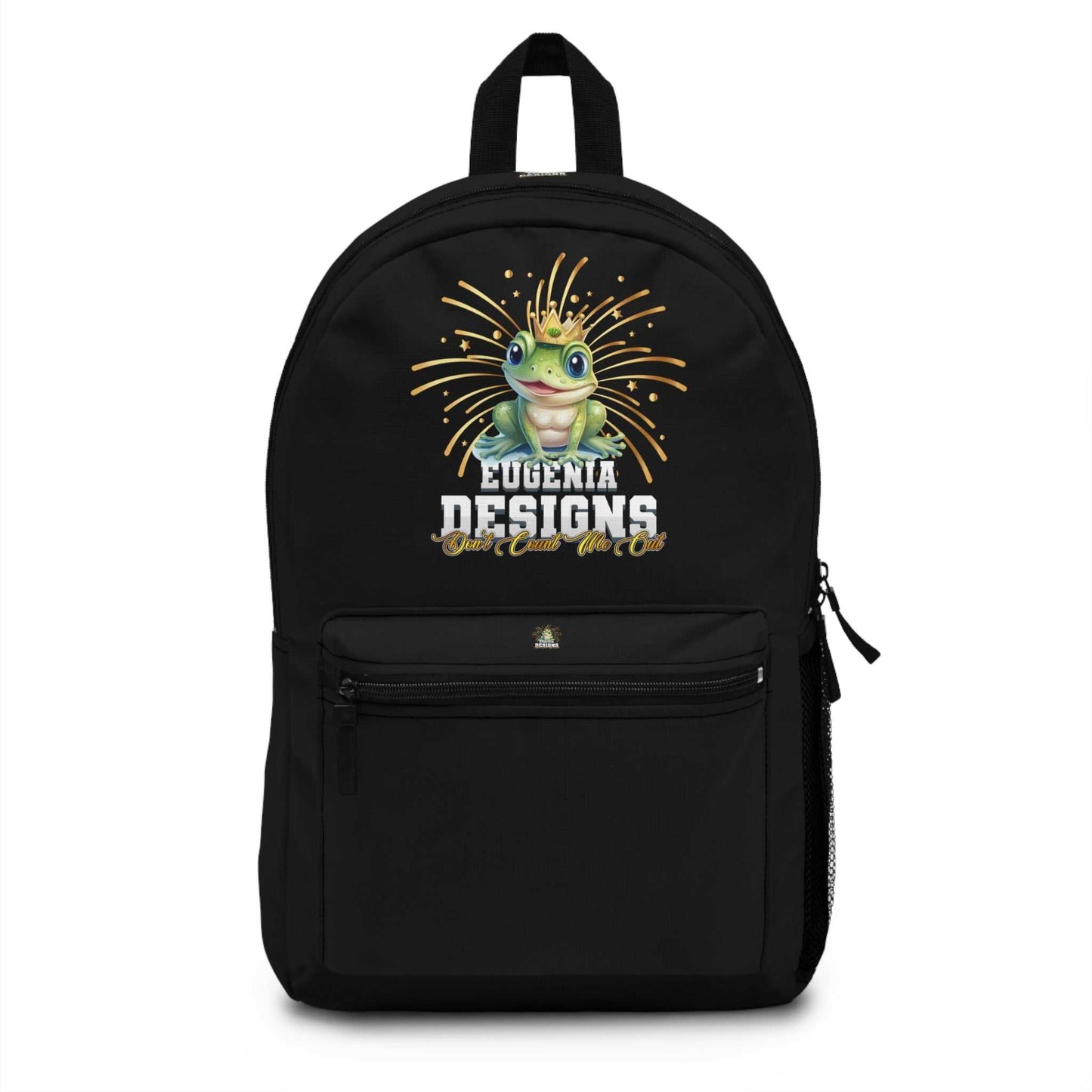 Black Eugenia Designs Backpack made of lightweight waterproof polyester with adjustable straps and front zip pocket featuring a colorful frog graphic and logo.
