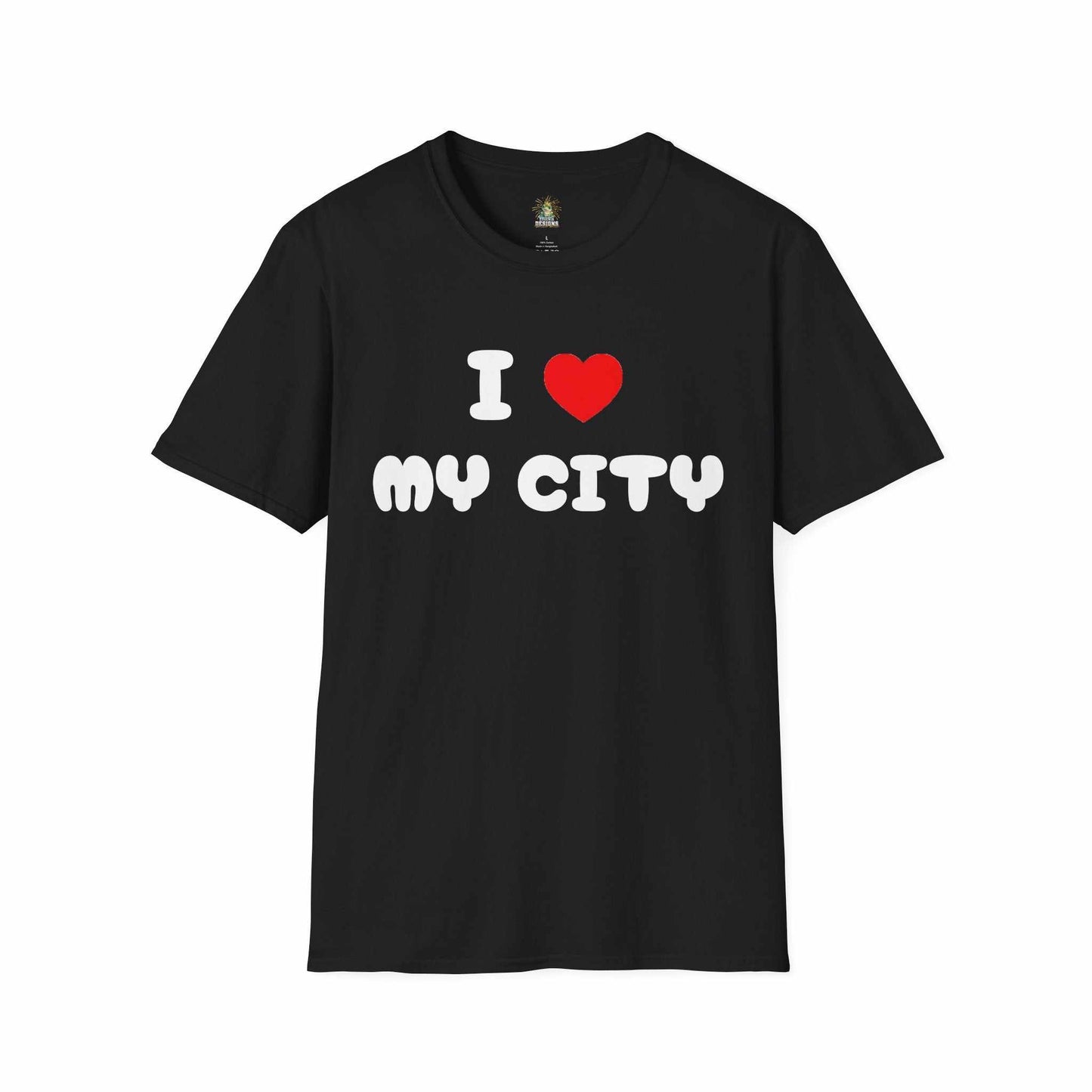 Black unisex cotton t-shirt with "I love my city" text and red heart graphic on front