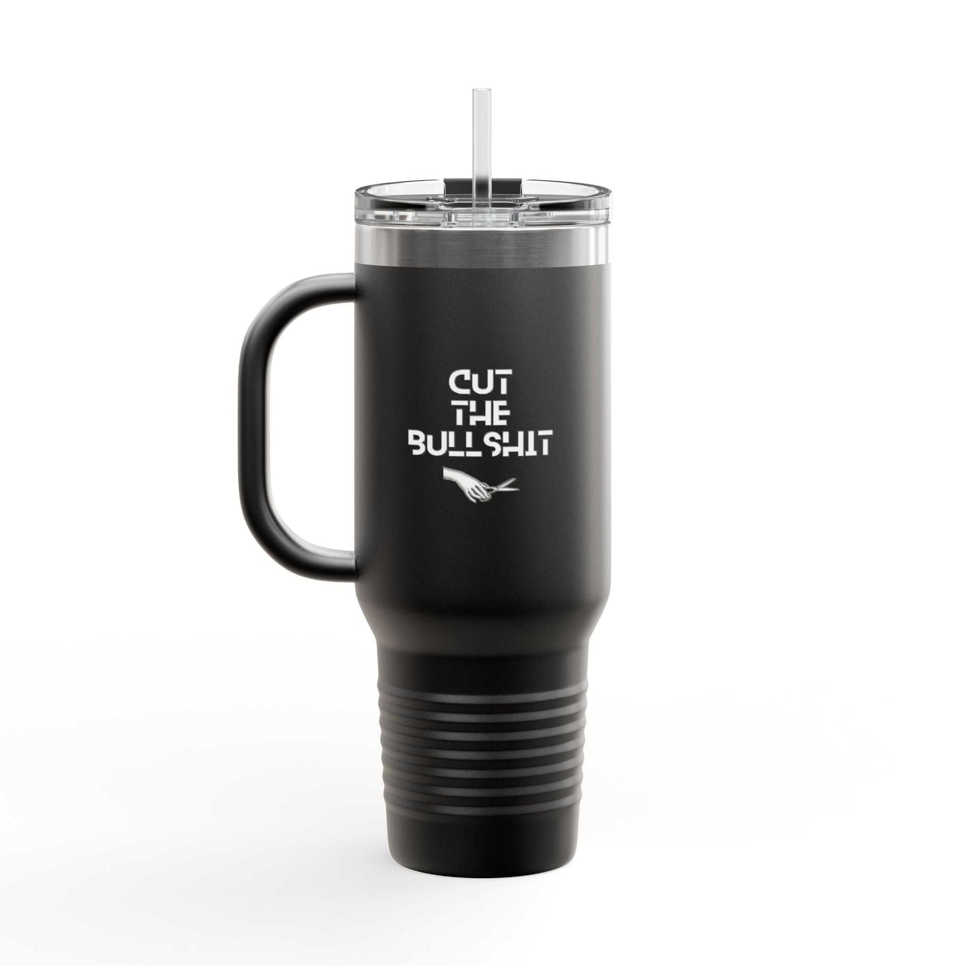 Black insulated 40oz stainless steel travel mug with handle and clear lid, featuring "Cut The Bullshit" text design