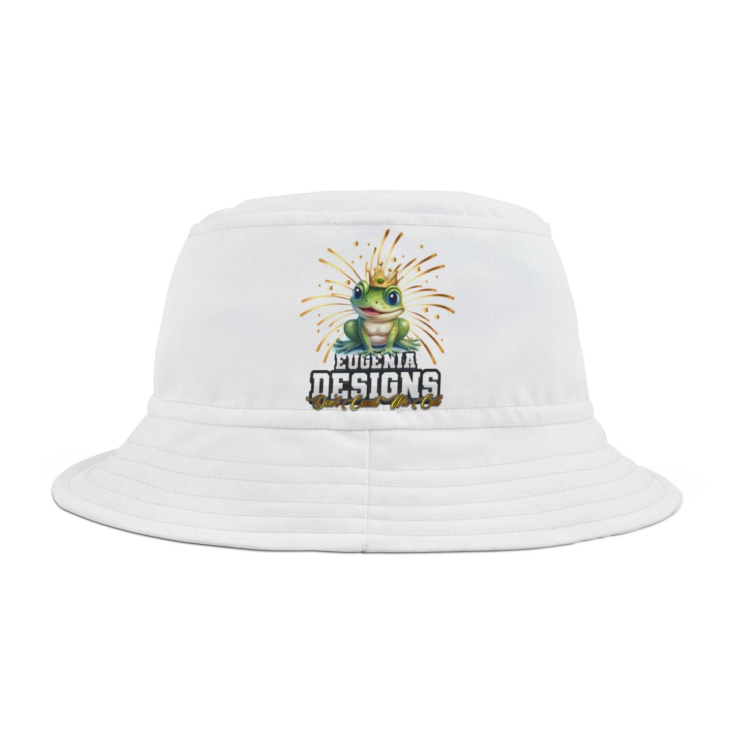 White Eugenia Designs bucket hat with colorful frog logo and decorative stitching