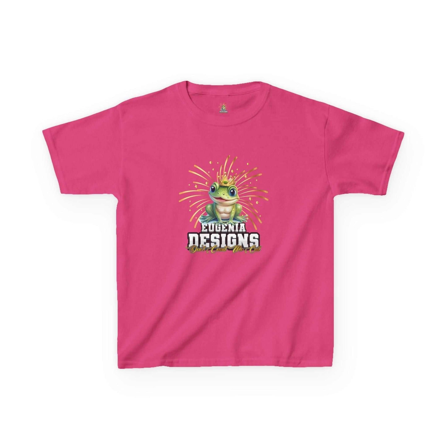 Pink kids t-shirt with colorful frog graphic and Eugenia Designs logo, lightweight cotton tee for playful style