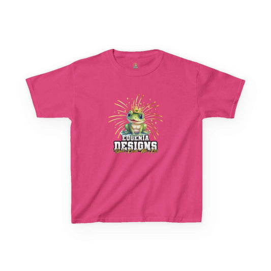 Pink kids t-shirt with colorful frog graphic and Eugenia Designs logo, lightweight cotton tee for playful style