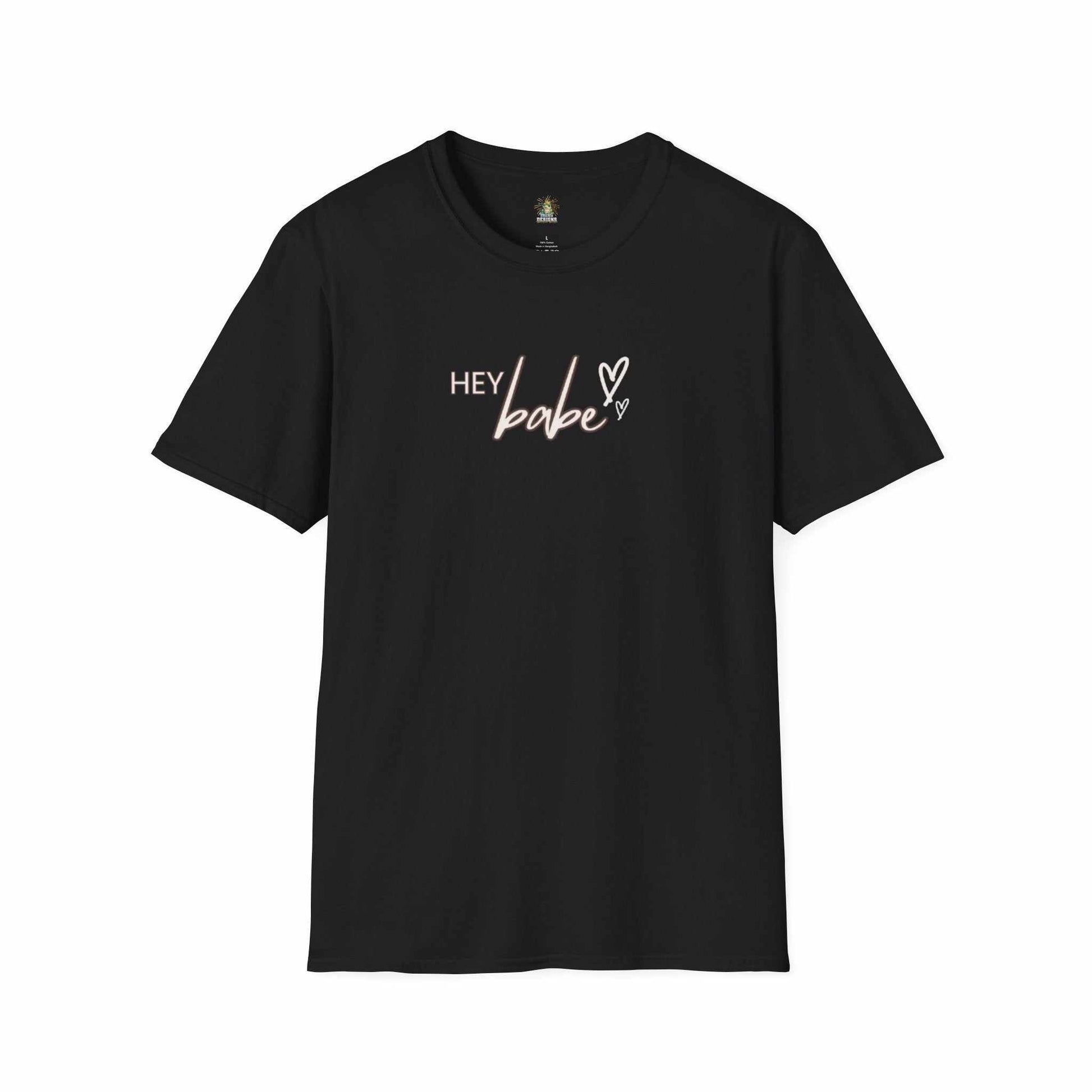 Black t-shirt with "Hey Babe" text and heart design in light pink and white letters