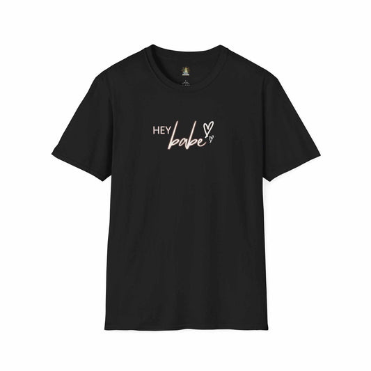Black t-shirt with "Hey Babe" text and heart design in light pink and white letters