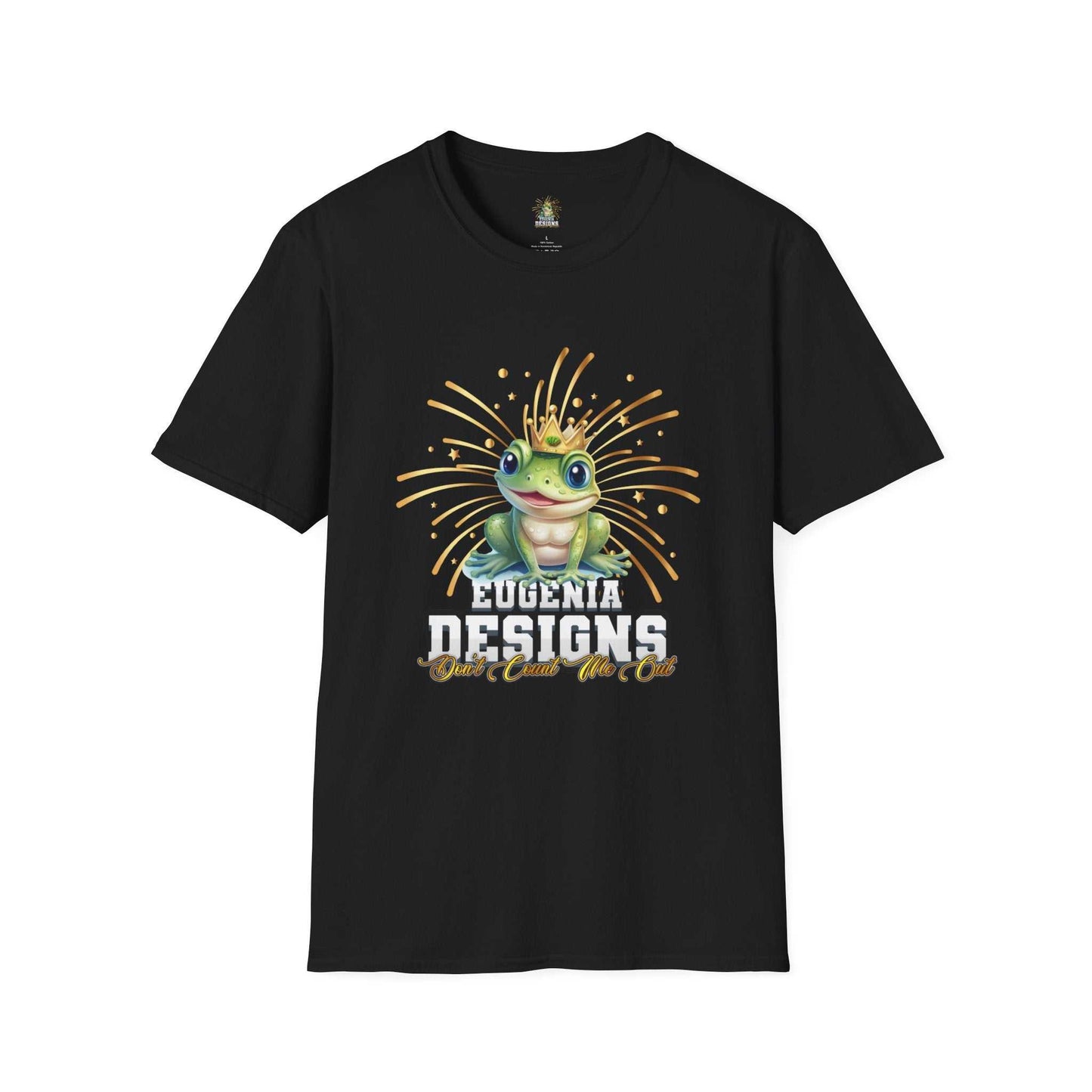 Black Eugenia Designs Signature Tee featuring a crowned frog graphic and soft unisex cotton fabric