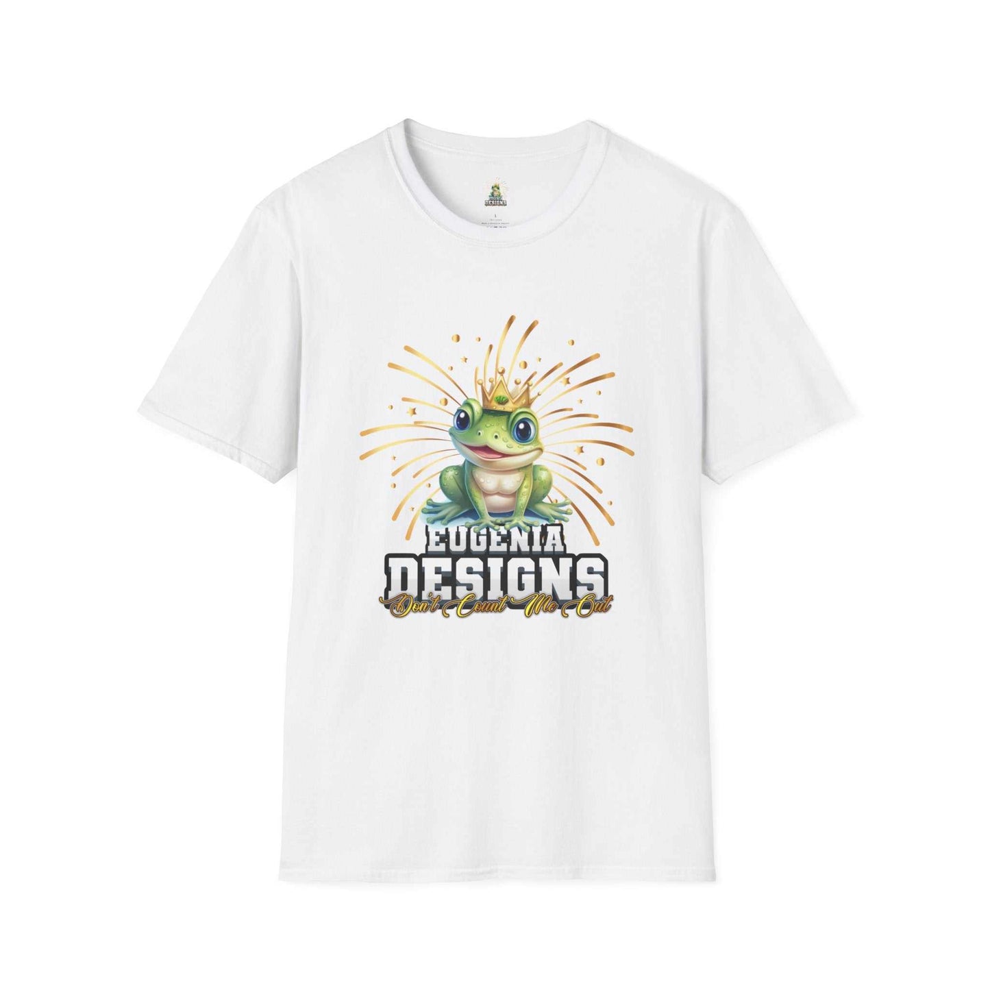 White unisex Eugenia Designs Signature Tee with soft cotton fabric and frog graphic with crown and fireworks design
