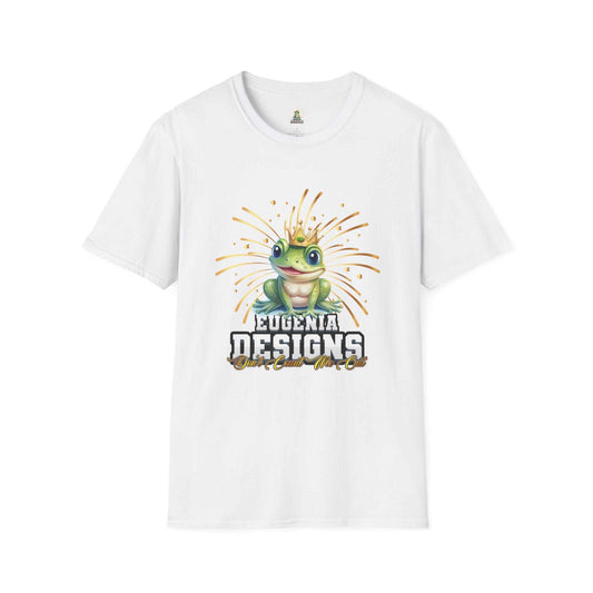 White unisex Eugenia Designs Signature Tee with soft cotton fabric and frog graphic with crown and fireworks design