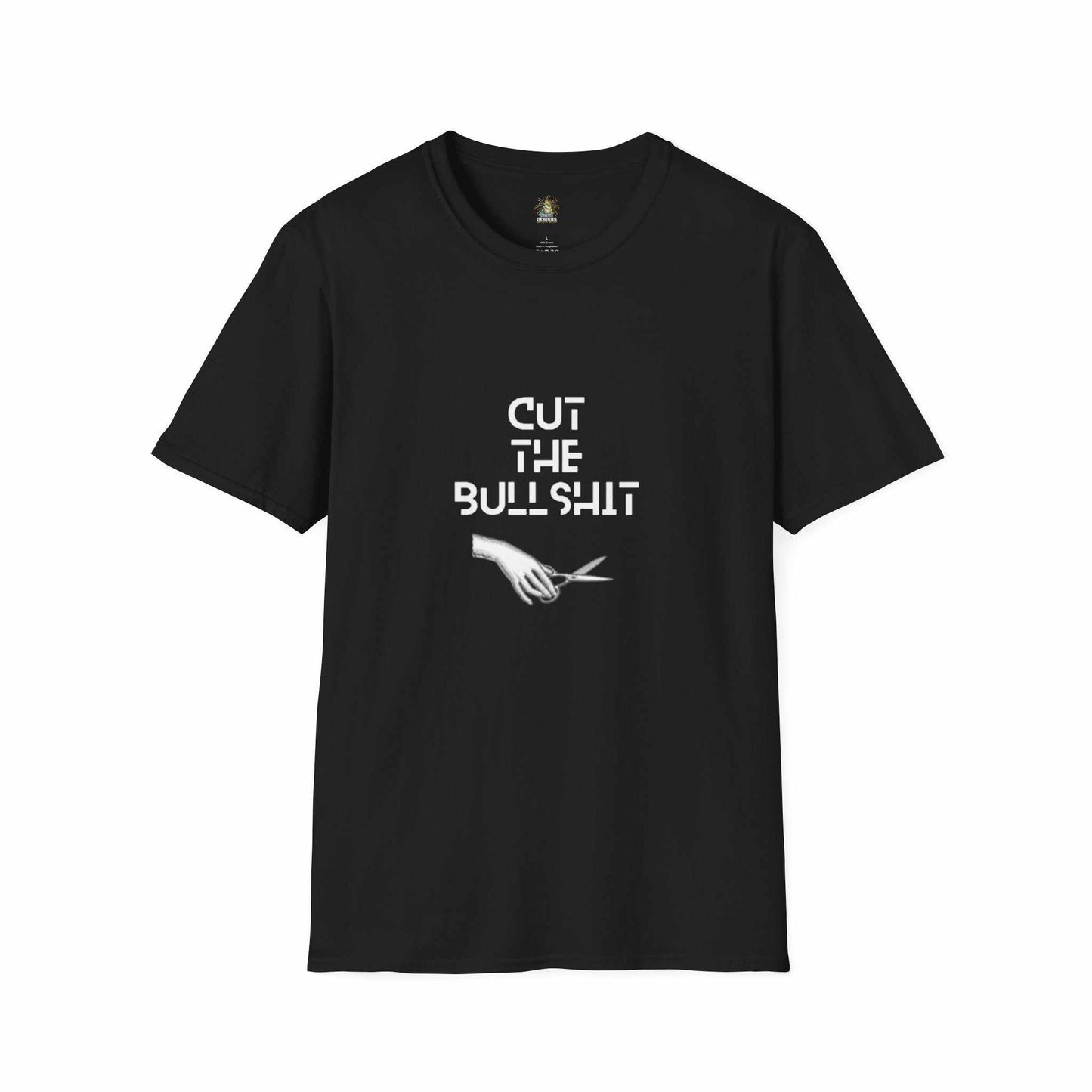 Black CUT THE BULLSHIT Tee with bold white text and a graphic of a hand holding scissors.