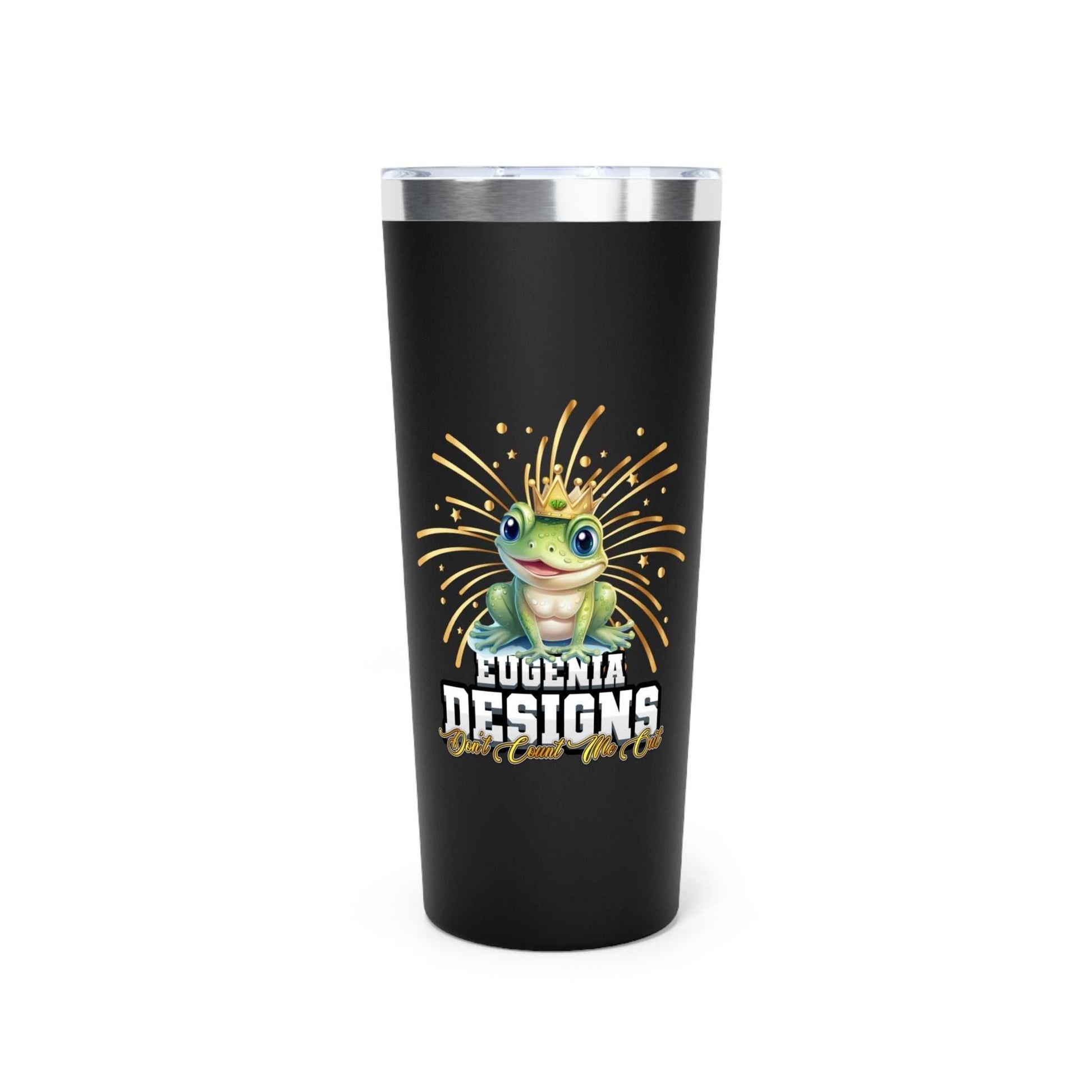 Eugenia Designs Frog 22oz black insulated copper tumbler with fun frog graphic and spill-resistant lid