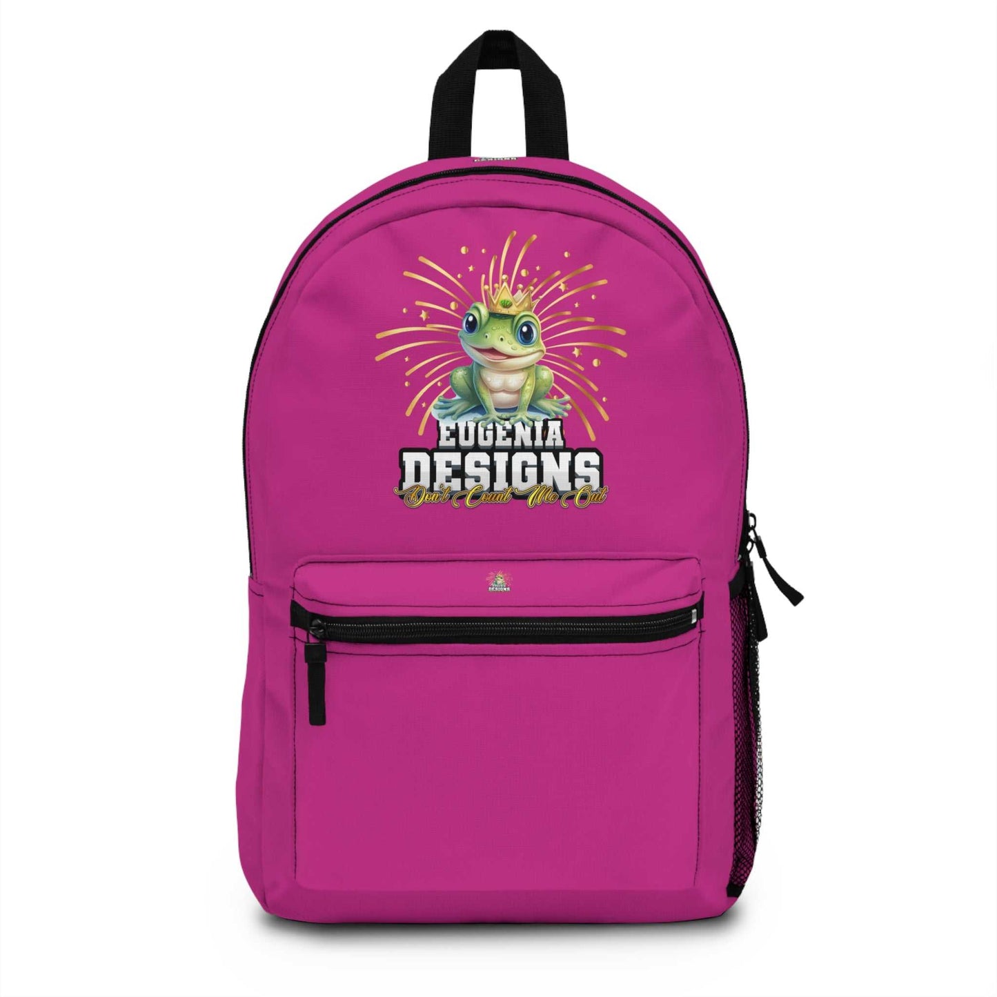 Pink Eugenia Designs Backpack made of lightweight, durable spun polyester with adjustable straps and front zip pocket.