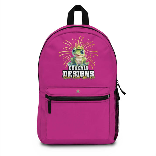 Pink Eugenia Designs Backpack made of lightweight, durable spun polyester with adjustable straps and front zip pocket.