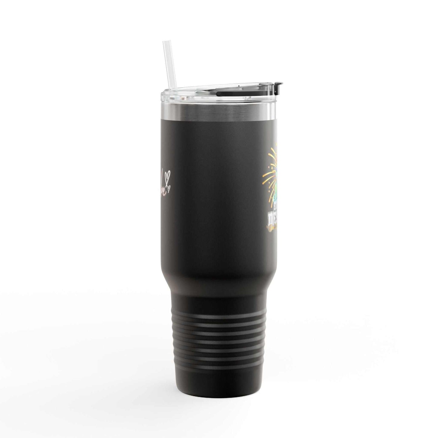 Black stainless steel insulated travel mug with straw and lid, 40oz capacity, powder-coated finish, sleek design for on-the-go use