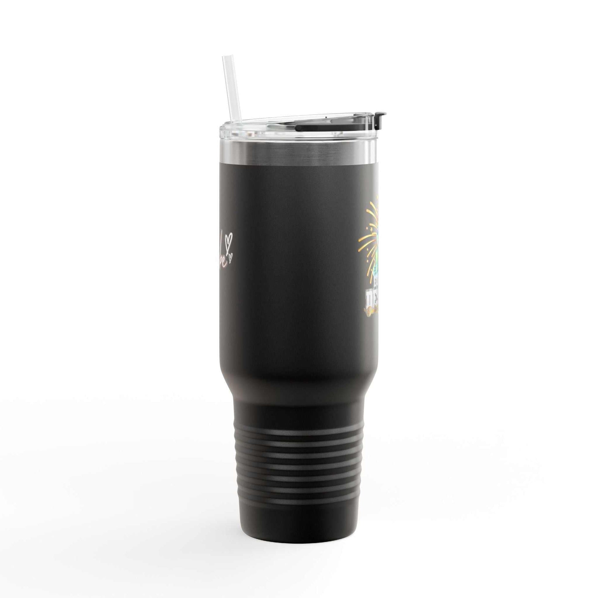 Black stainless steel insulated travel mug with straw and lid, 40oz capacity, powder-coated finish, sleek design for on-the-go use