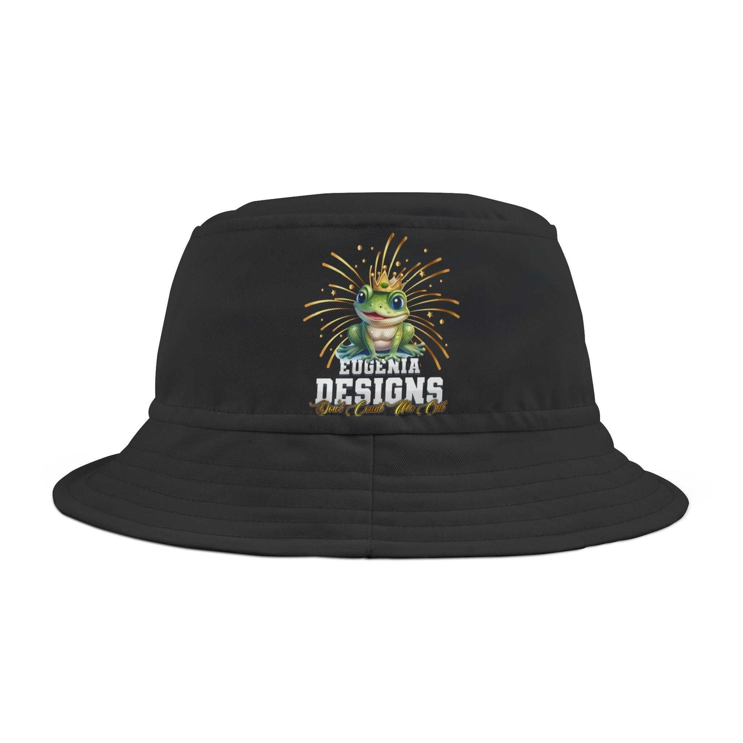 Black Eugenia Designs Bucket Hat with colorful frog graphic and embroidery, 100% polyester, made in USA, customizable stitching options