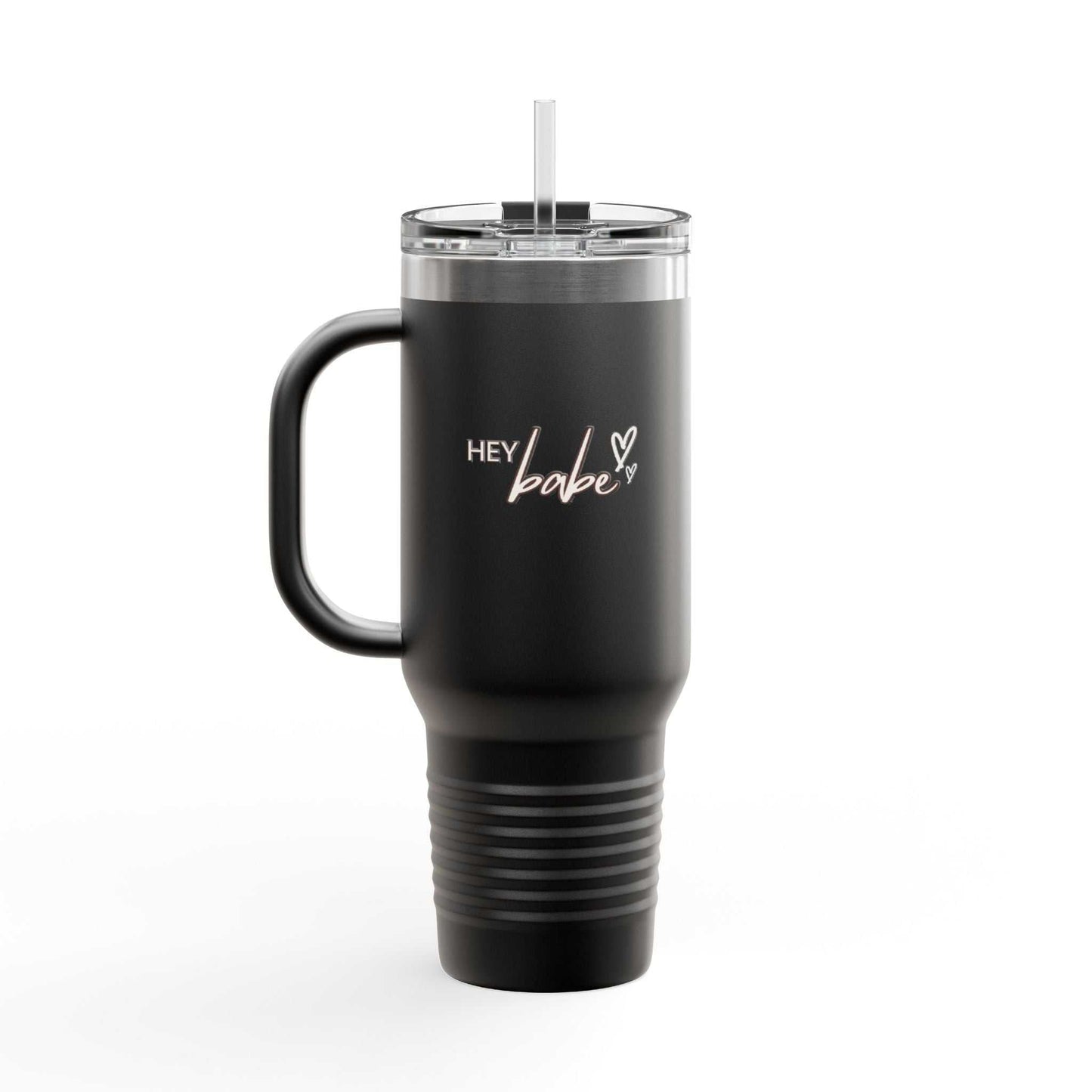 Black 40oz insulated travel mug with handle and "Hey Babe" text design