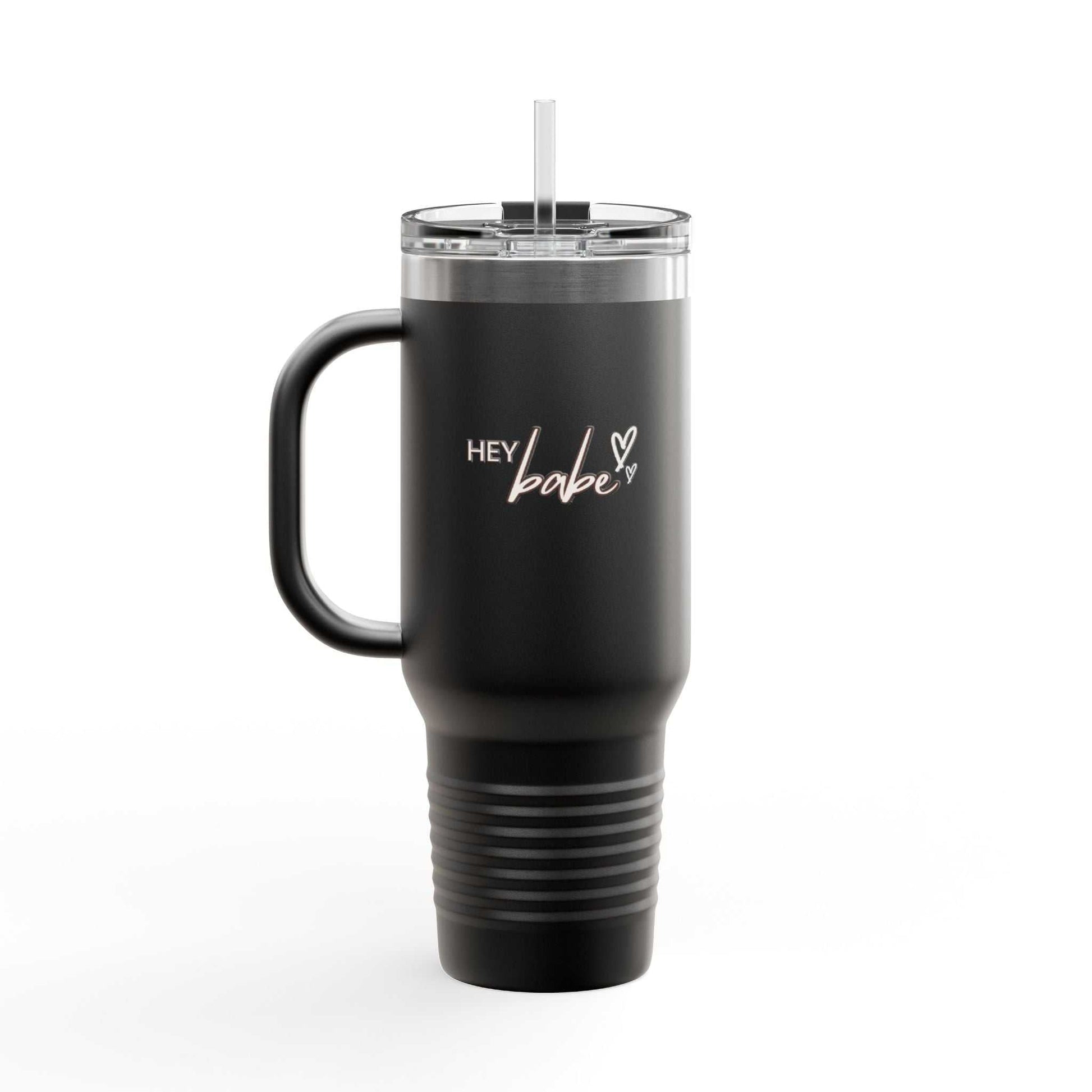 Black 40oz insulated travel mug with handle and "Hey Babe" text design