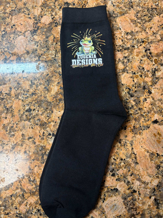 Black Eugenia Designs Logo Socks with frog graphic for cozy and stretchy comfort